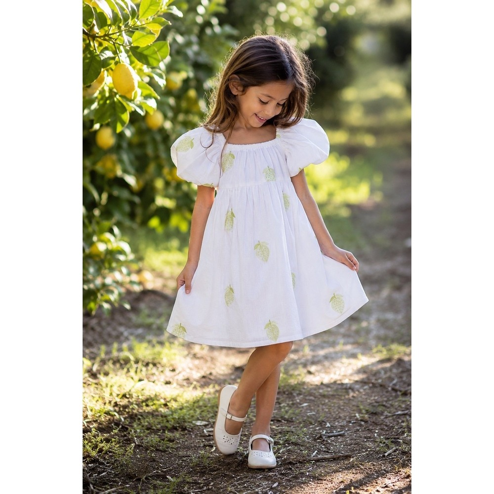 HOP Girls 6/7 White Cotton Lemon Embroidered Puff Sleeve Dress Cottagecore